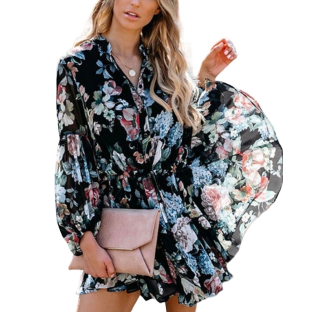 Clarisbelle Floral Long Balloon Sleeve Cinched Waist Floral Flowy Dress Size L